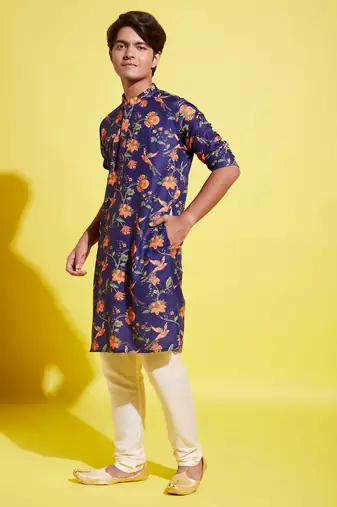  multicolor-base-navy blue and cream kurta pyjama set