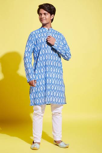  yuva boys' aqua blue and white ikkat kurta pyjama set
