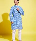 yuva boys' aqua blue and white ikkat kurta pyjama set