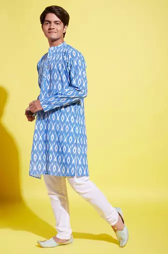  aqua blue and white ikkat kurta pyjama set