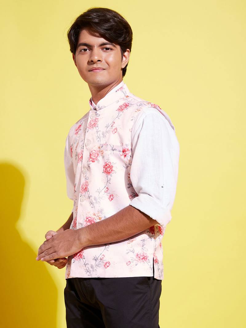 Vastramay yuva boys' multicolor-base-peach nehru jacket