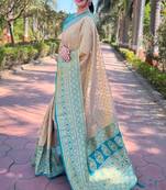 Women tissue silk weaving jari designer beige color saree