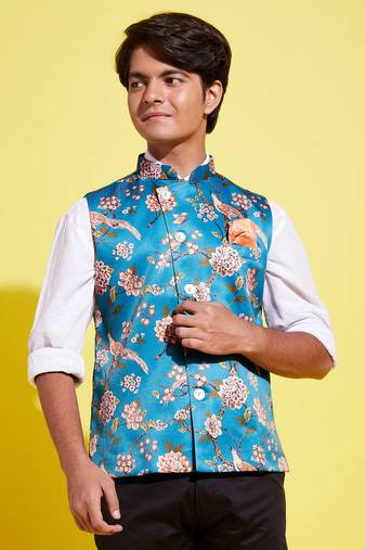 Vastramay yuva boys' multicolored-base-turquoise nehru jacket