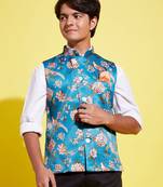 Vastramay yuva boys' multicolored-base-turquoise nehru jacket