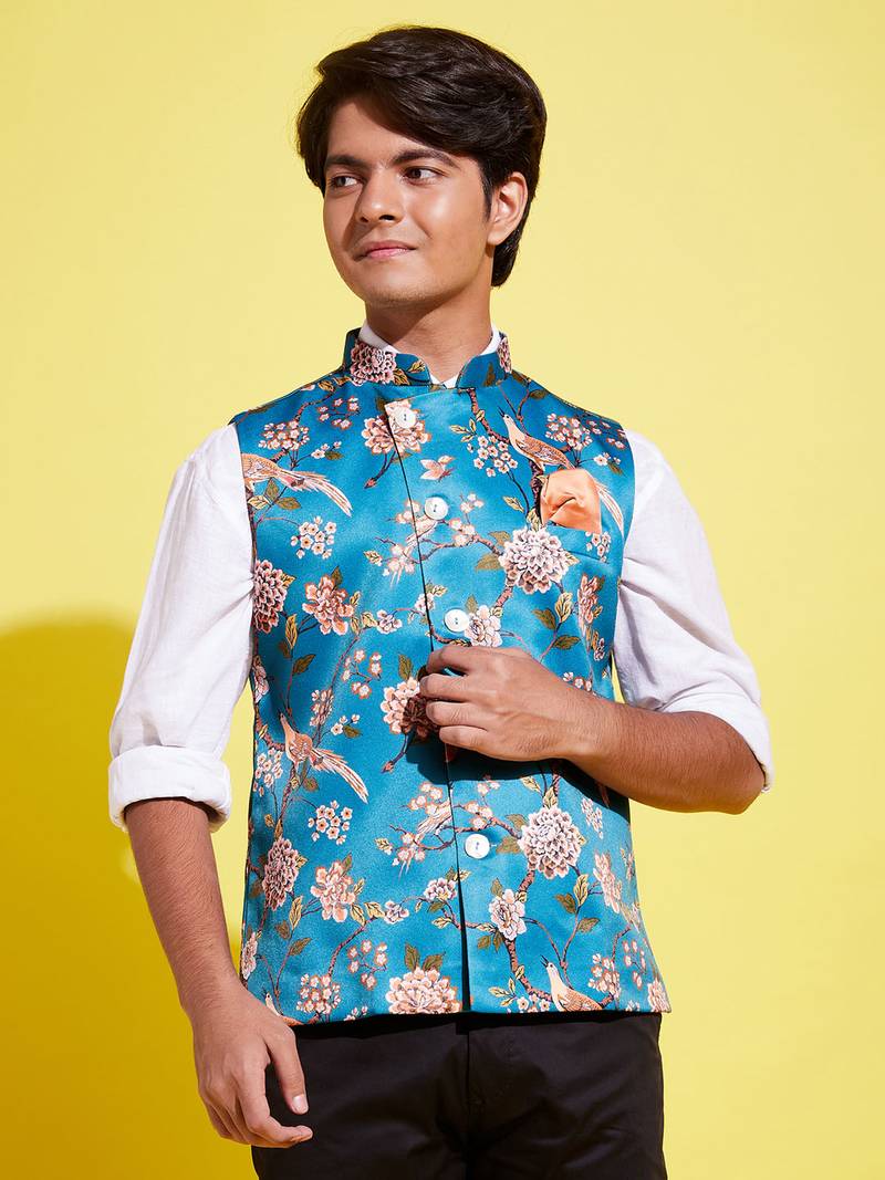 Vastramay yuva boys' multicolored-base-turquoise nehru jacket