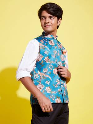 Vastramay yuva boys' multicolored-base-turquoise nehru jacket 2