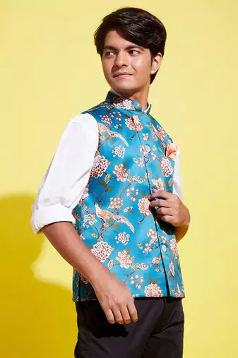 Vastramay yuva boys' multicolored-base-turquoise nehru jacket