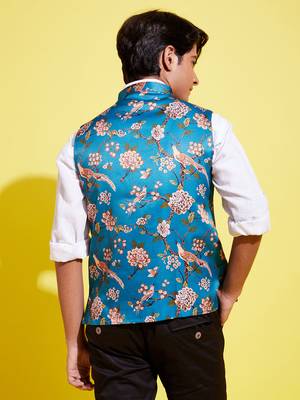 Vastramay yuva boys' multicolored-base-turquoise nehru jacket 3
