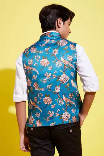 Vastramay yuva boys' multicolored-base-turquoise nehru jacket