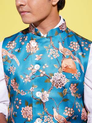 Vastramay yuva boys' multicolored-base-turquoise nehru jacket 4