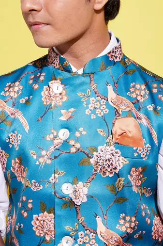 Vastramay yuva boys' multicolored-base-turquoise nehru jacket