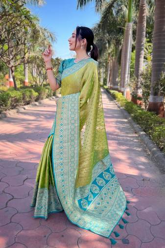 Women tissue silk weaving jari designer green color saree