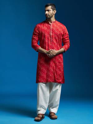 red and cream bhandhani chinon kurta and patiala set 1
