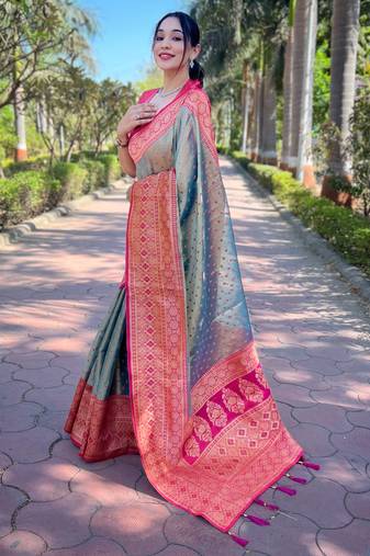 Women tissue silk weaving jari designer grey color saree