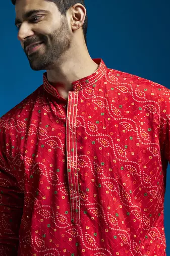 red and cream bhandhani chinon kurta and patiala set