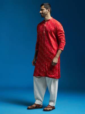 red and cream bhandhani chinon kurta and patiala set 3