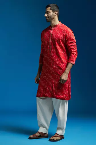 red and cream bhandhani chinon kurta and patiala set