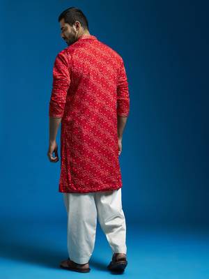 red and cream bhandhani chinon kurta and patiala set 4