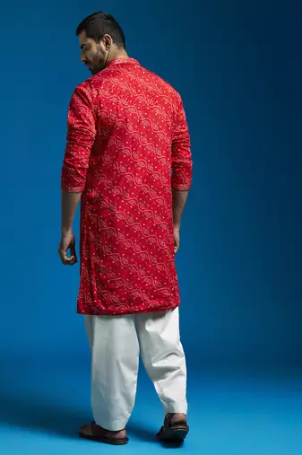 red and cream bhandhani chinon kurta and patiala set