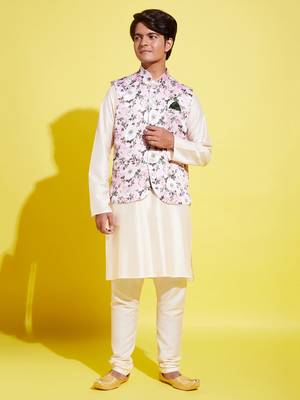  pink and cream jacket, kurta and pyjama set 1