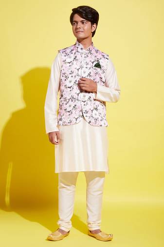  yuva boys' pink and cream jacket, kurta and pyjama set