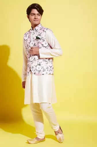  pink and cream jacket, kurta and pyjama set