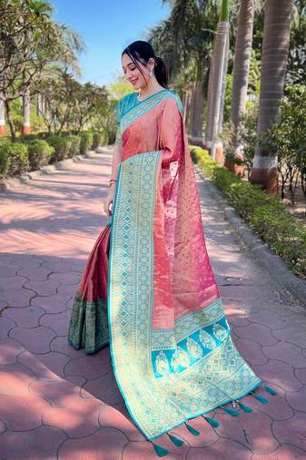 Women tissue silk weaving jari designer pink color saree