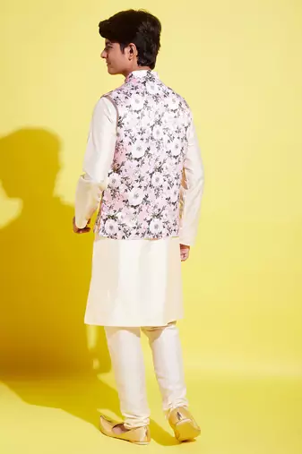  pink and cream jacket, kurta and pyjama set