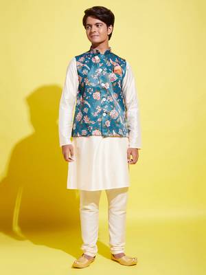  turquoise and cream jacket, kurta and pyjama set 1