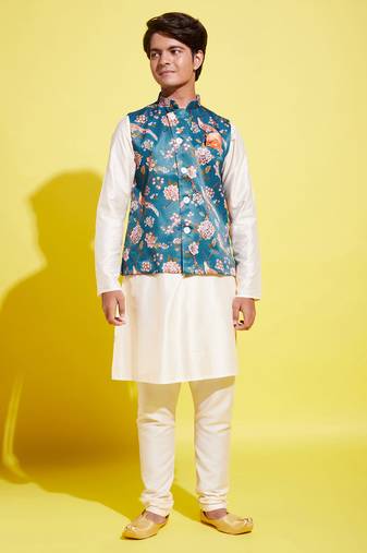  yuva boys' turquoise and cream jacket, kurta and pyjama set