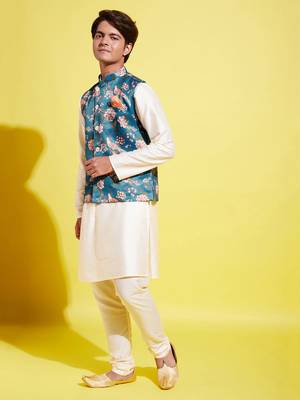  turquoise and cream jacket, kurta and pyjama set 2
