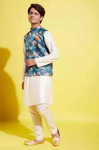  turquoise and cream jacket, kurta and pyjama set