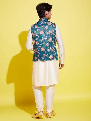  turquoise and cream jacket, kurta and pyjama set 3
