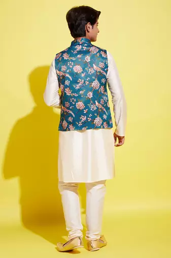  turquoise and cream jacket, kurta and pyjama set