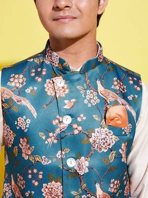  turquoise and cream jacket, kurta and pyjama set 4