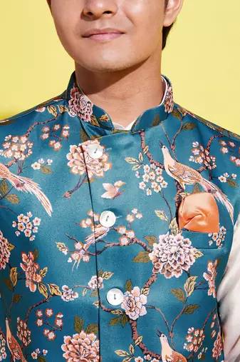  turquoise and cream jacket, kurta and pyjama set