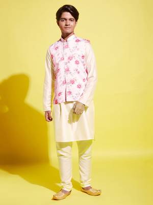 peach and cream jacket, kurta and pyjama set 1