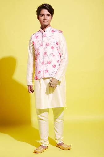 yuva boys' peach and cream jacket, kurta and pyjama set