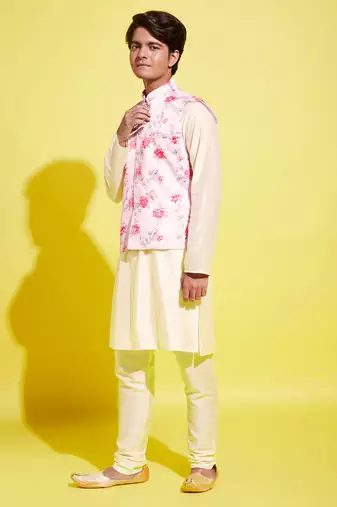  peach and cream jacket, kurta and pyjama set