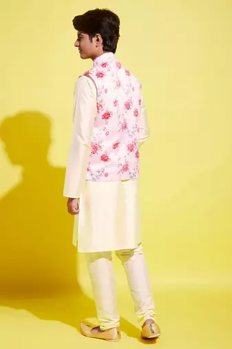  peach and cream jacket, kurta and pyjama set