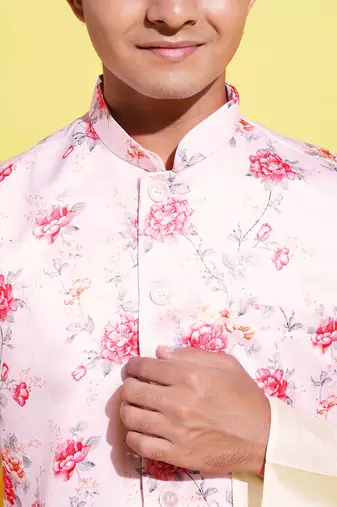  peach and cream jacket, kurta and pyjama set
