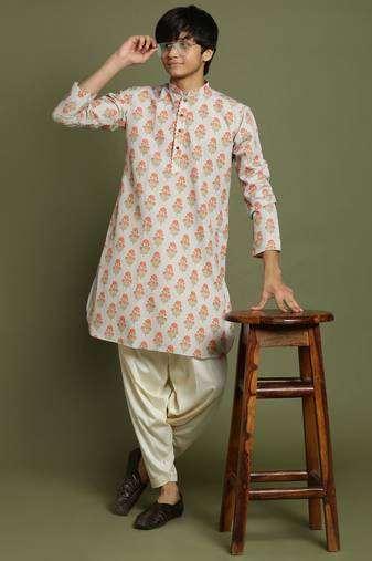 Vastramay yuva boys' multicolor-base-beige and cream kurta patiala set