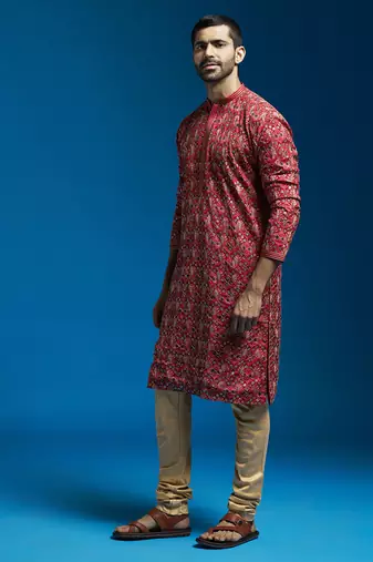  red chinon kurta and pyjama set.