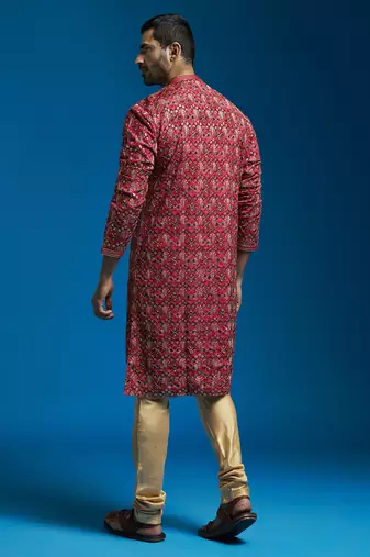  red chinon kurta and pyjama set.