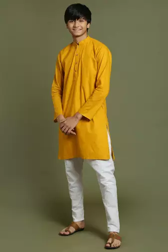  mustard and white kurta pyjama set