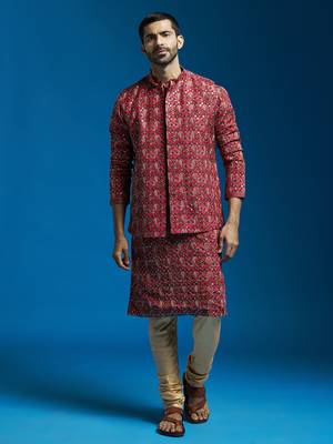 red chinon jacket,kurta and pyjama set. 1