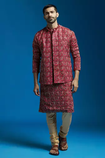 Vastramay men's red chinon jacket,kurta and pyjama set.