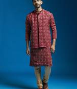red chinon jacket,kurta and pyjama set.