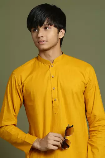  mustard and white kurta pyjama set