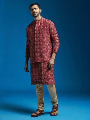 red chinon jacket,kurta and pyjama set. 2